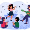 Happy kids having fun during their music class. Teacher and children playing guitar, clapping hands, dancing and singing at daycare preschool. Vector illustration for musical education concept